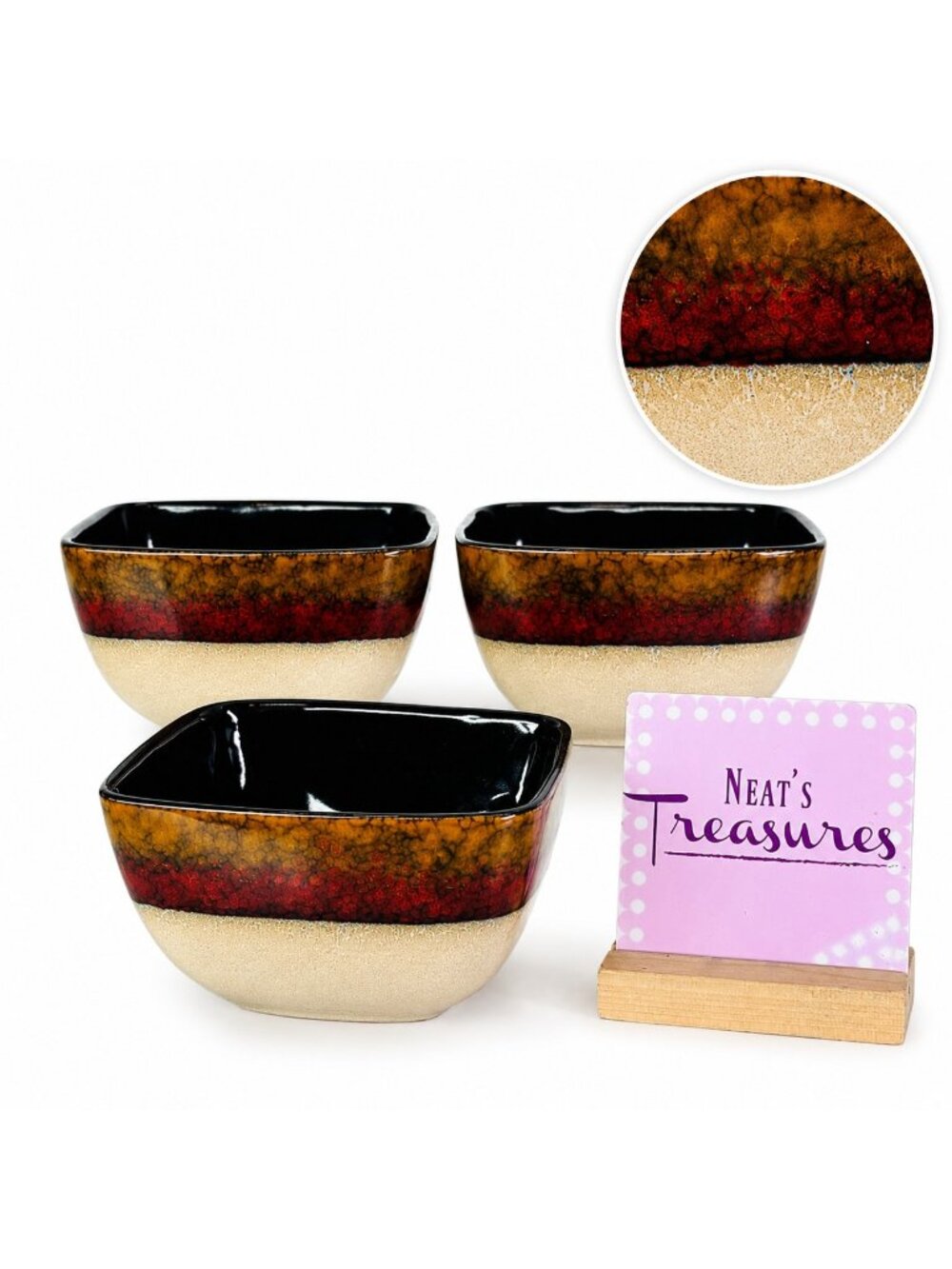 Broyhill Red Gold Cream Stripe Square Stoneware Cereal Soup Salad Bowls Set of 3